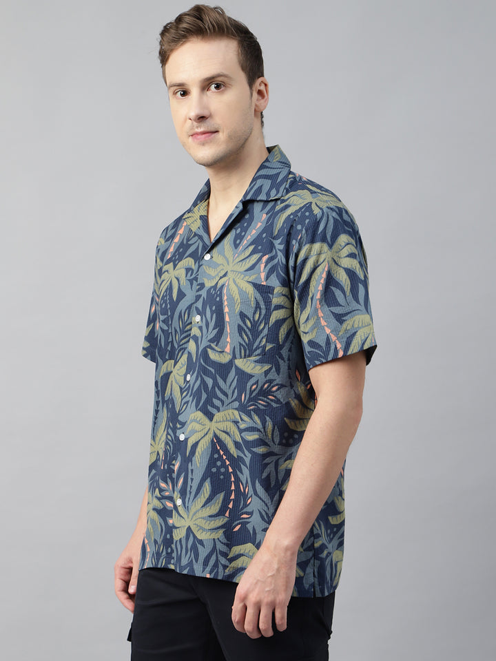 Men Navy Blue & Green Printed Cotton Relaxed Fit Resort Shirt