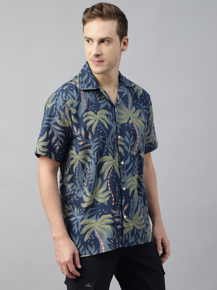 Men Navy Blue & Green Printed Cotton Relaxed Fit Resort Shirt