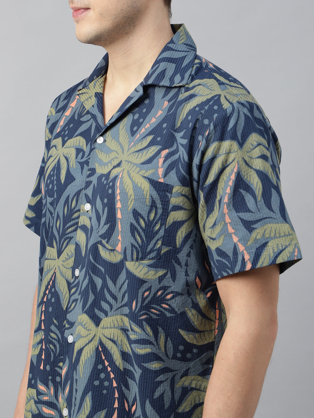 Men Navy Blue & Green Printed Cotton Relaxed Fit Resort Shirt