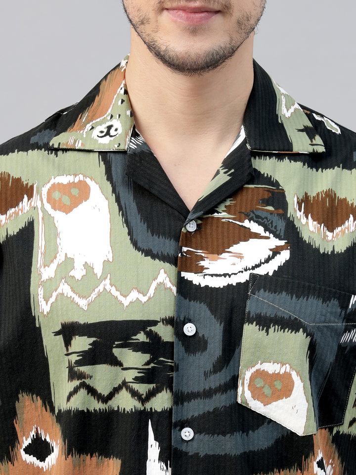 Men Green Printed Pure Cotton Relaxed Fit Resort Shirt