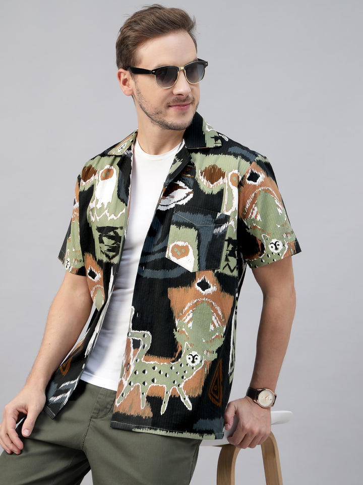 Men Green Printed Pure Cotton Relaxed Fit Resort Shirt