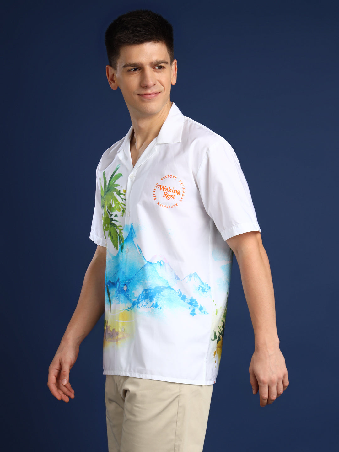 Men White & Yellow Floral Cotton Relaxed Fit Resort Shirt