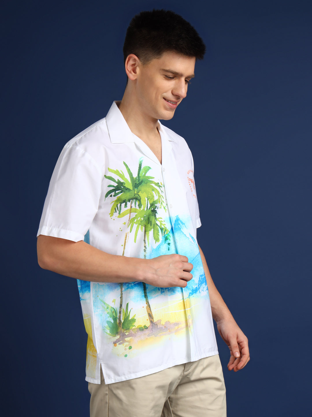 Men White & Yellow Floral Cotton Relaxed Fit Resort Shirt