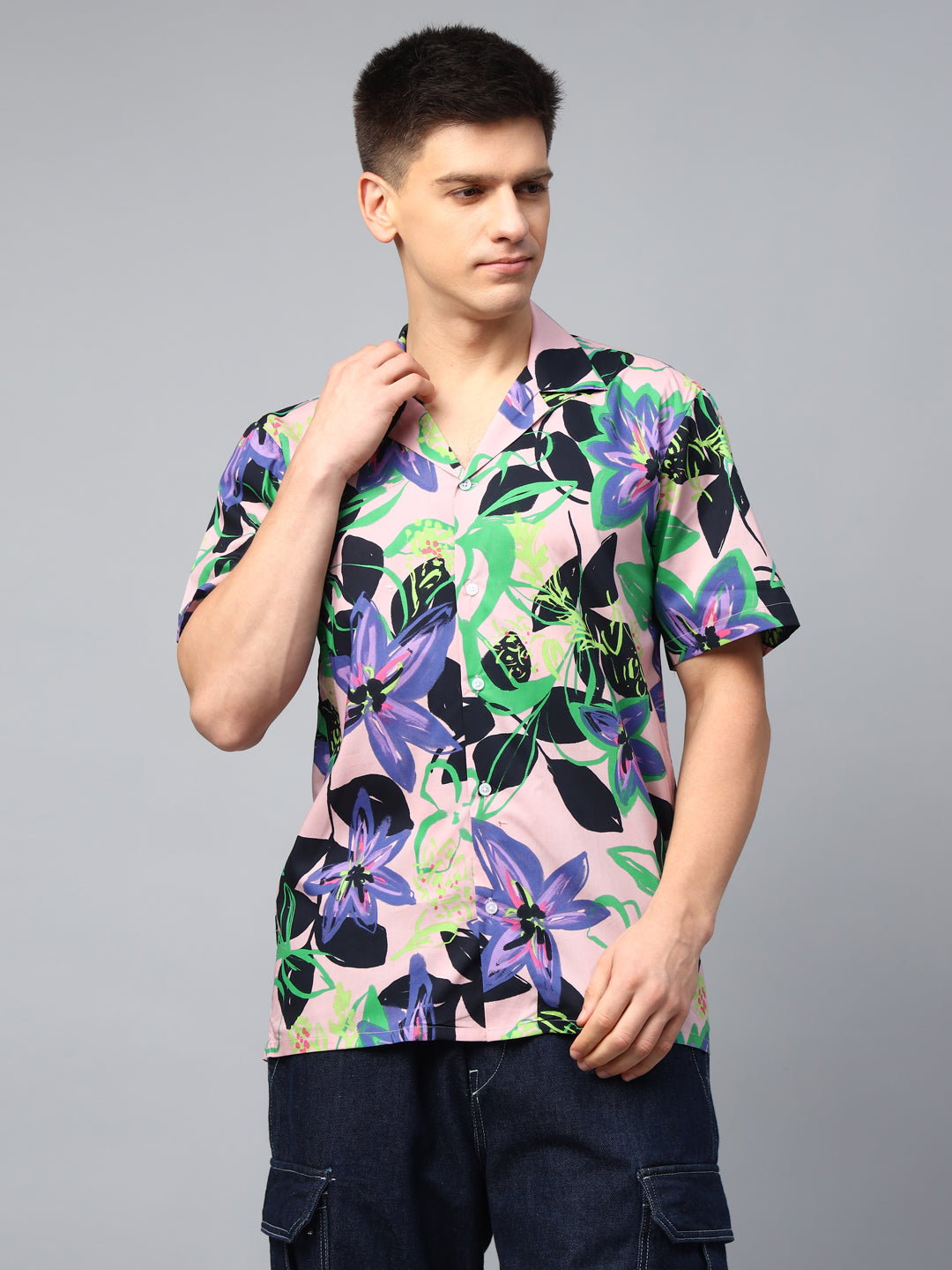 Men Pink & Navy Abstract Printed Pure Cotton Relaxed Fit Resort Shirt