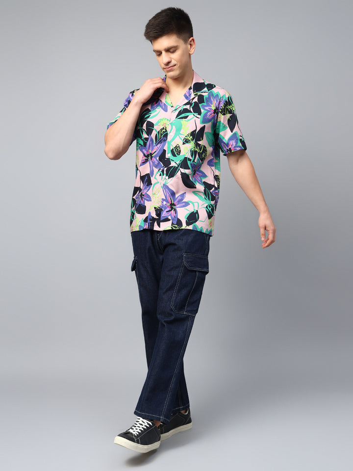 Men Pink & Navy Abstract Printed Pure Cotton Relaxed Fit Resort Shirt