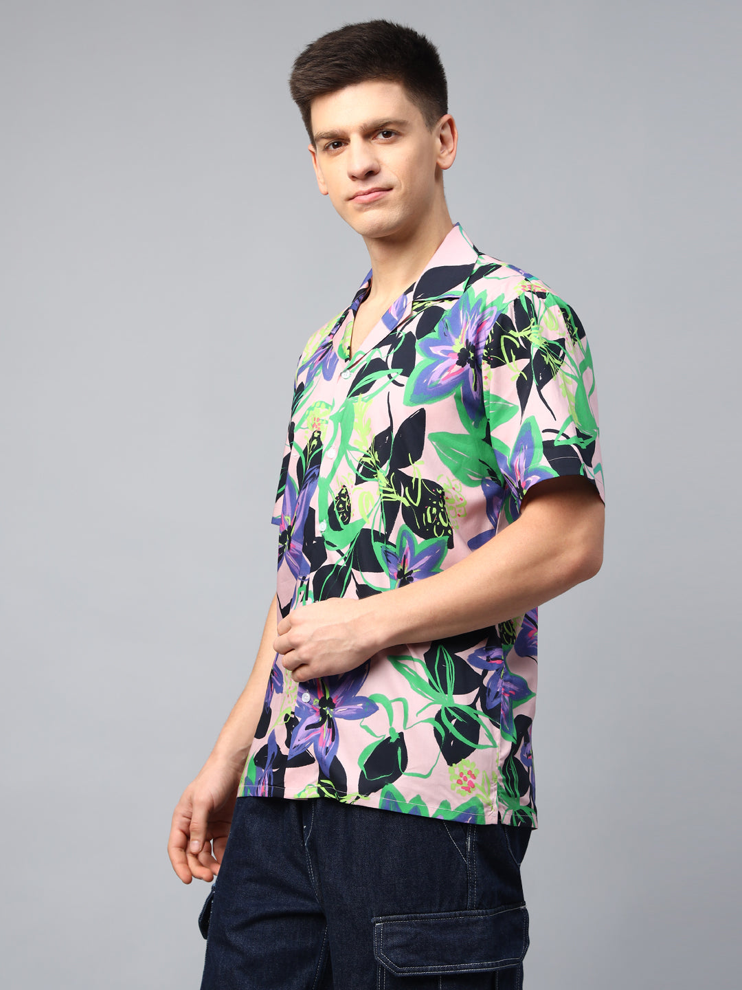 Men Pink & Navy Abstract Printed Pure Cotton Relaxed Fit Resort Shirt