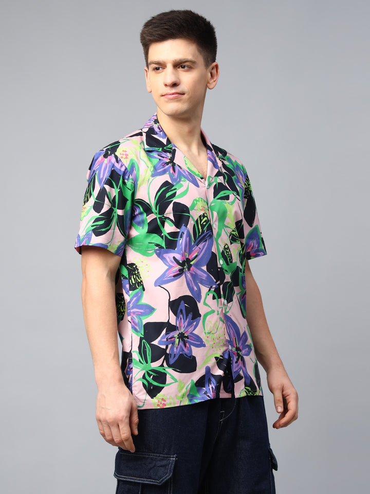 Men Pink & Navy Abstract Printed Pure Cotton Relaxed Fit Resort Shirt