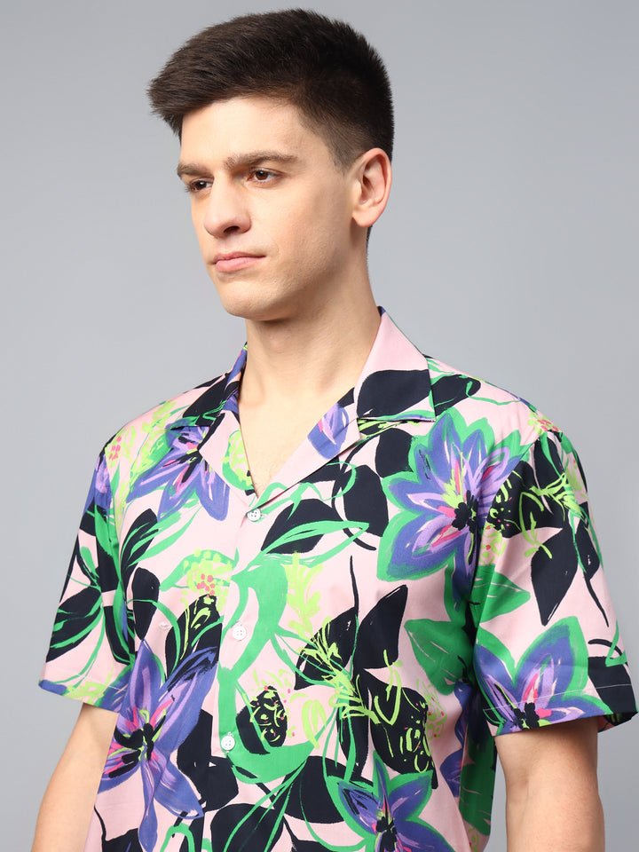 Men Pink & Navy Abstract Printed Pure Cotton Relaxed Fit Resort Shirt