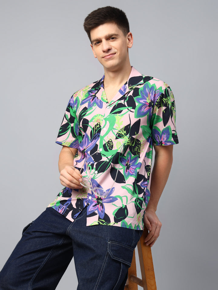 Men Pink & Navy Abstract Printed Pure Cotton Relaxed Fit Resort Shirt