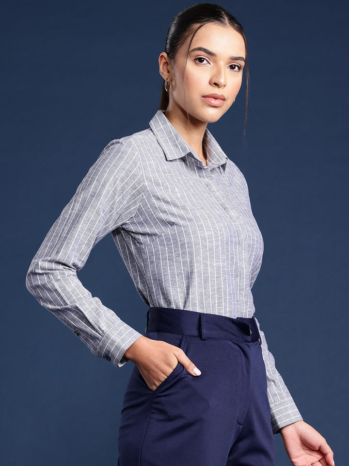 Women Blue Stripes Pure Cotton Formal Shirt