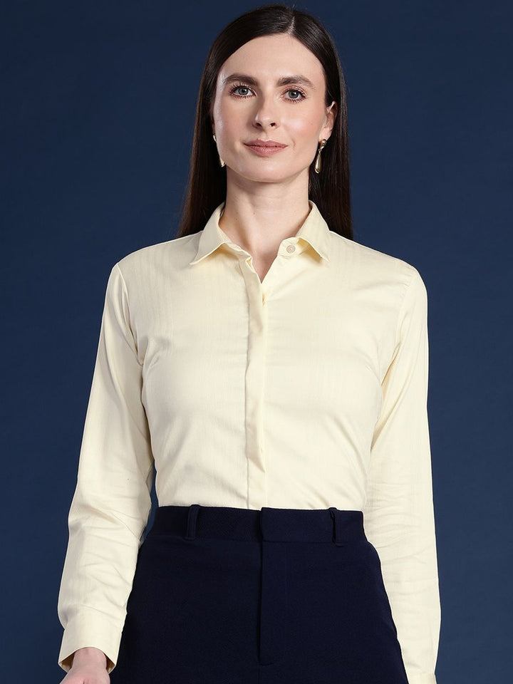 Women Yellow Solid Self Design, Pure Cotton Stretchable Wrinkle Free Formal Shirt