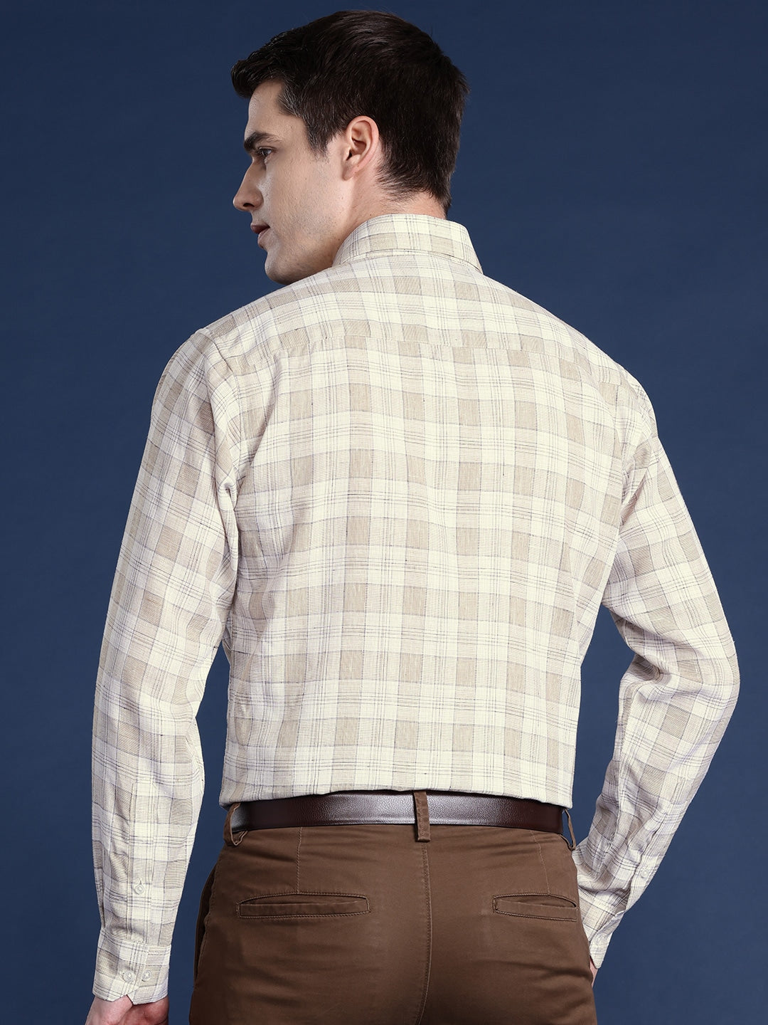 Men Beige Checked Pure Linen Cotton Slim Fit Formal Shirt