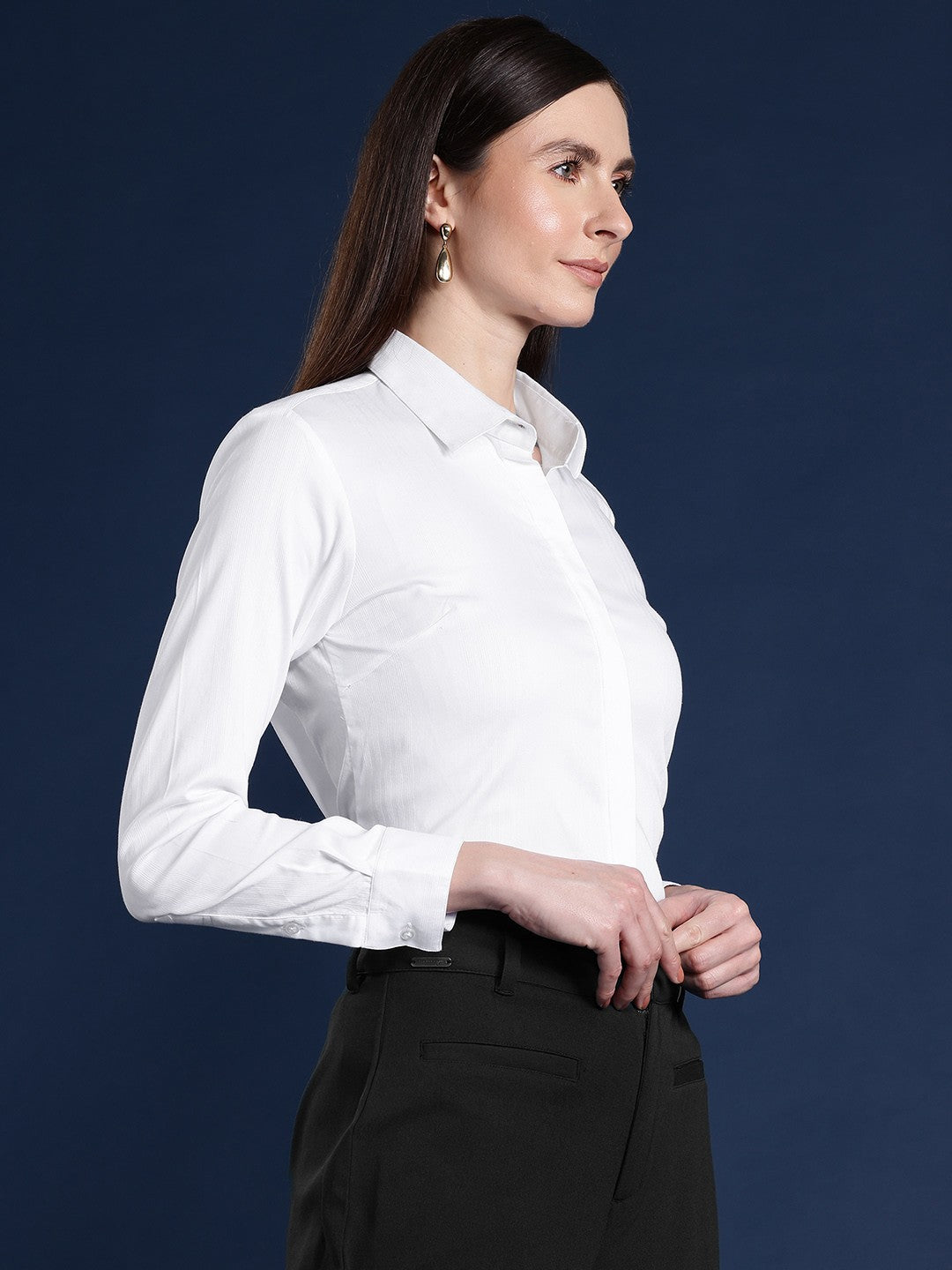 Women White Solid Self Design, Pure Cotton Stretchable Wrinkle Free Formal Shirt