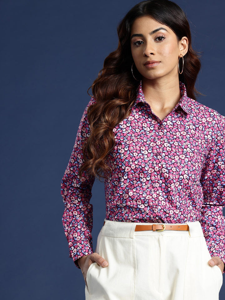 Women Burgundy Floral Pure Cotton Formal Shirt