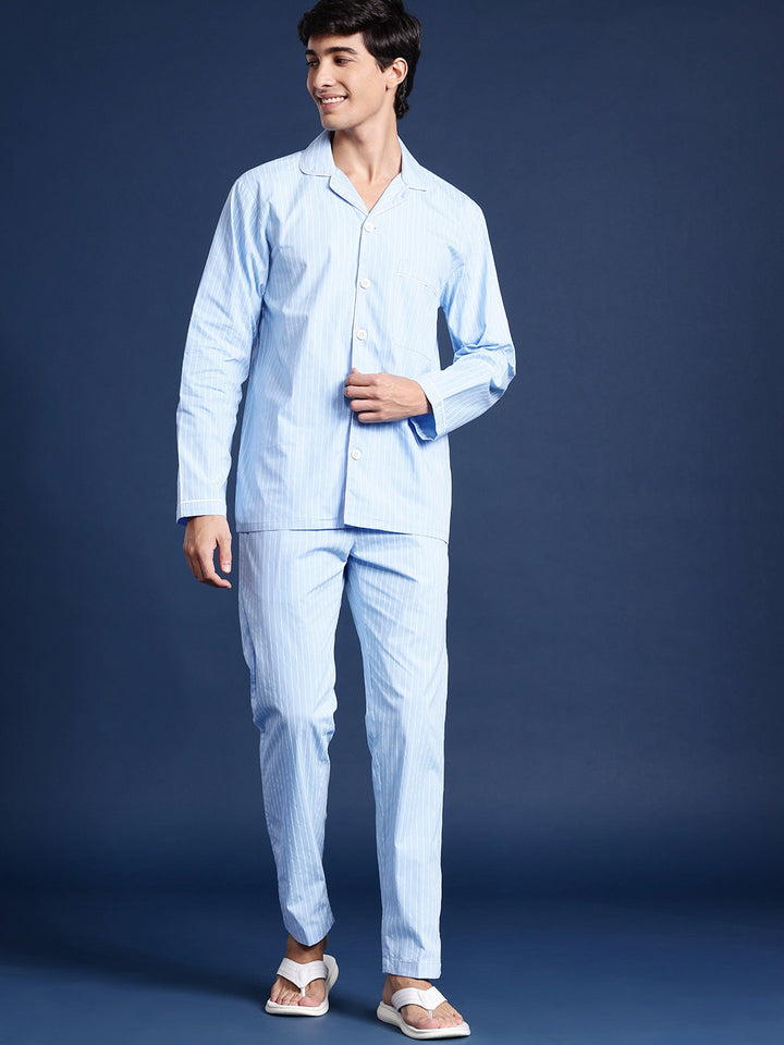 Men Blue & White Striped Pure Cotton Relaxed Fit Casual Night Suit