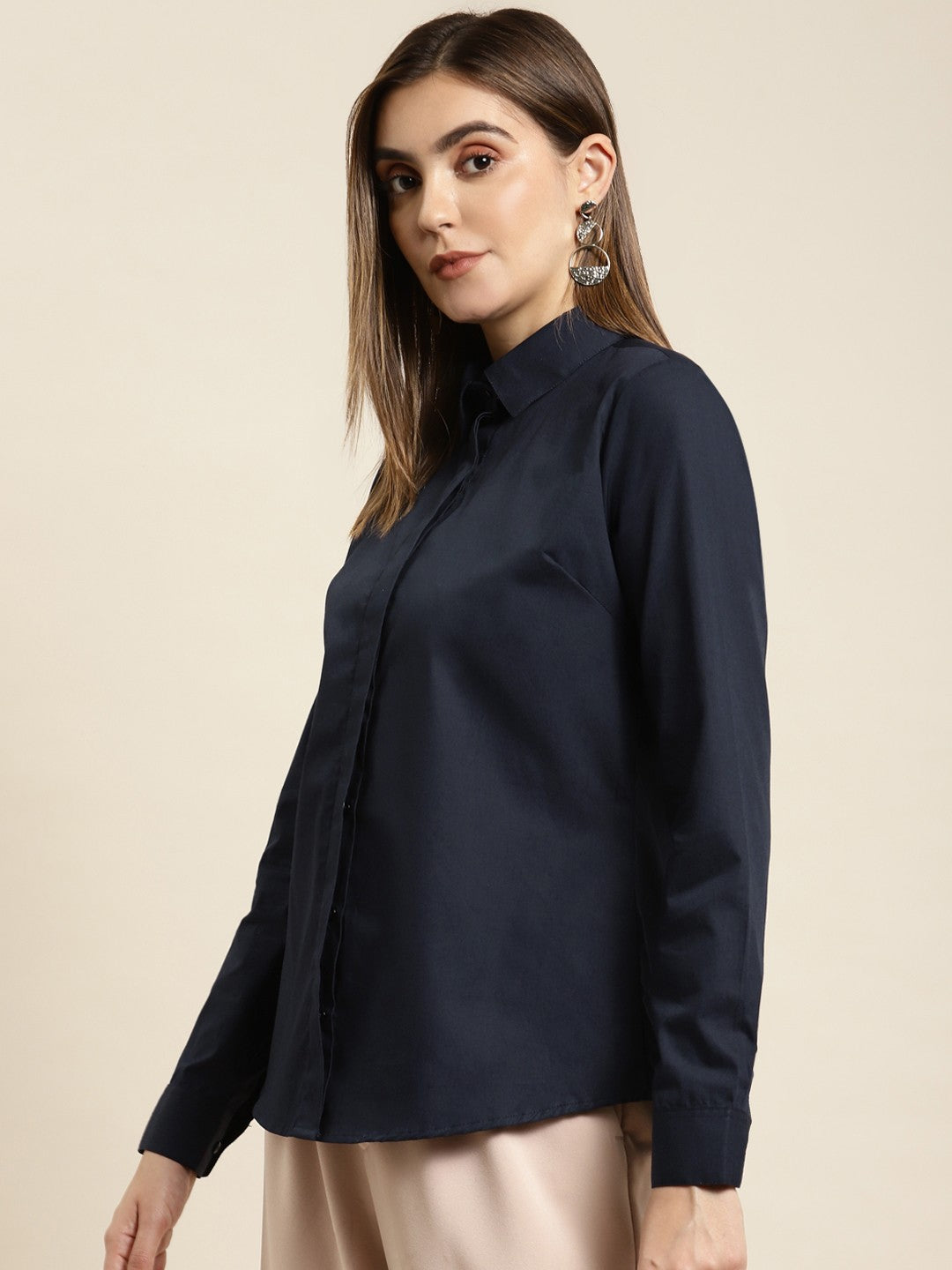 Women Navy Blue Solid Pure Cotton Plus Size Formal Shirt