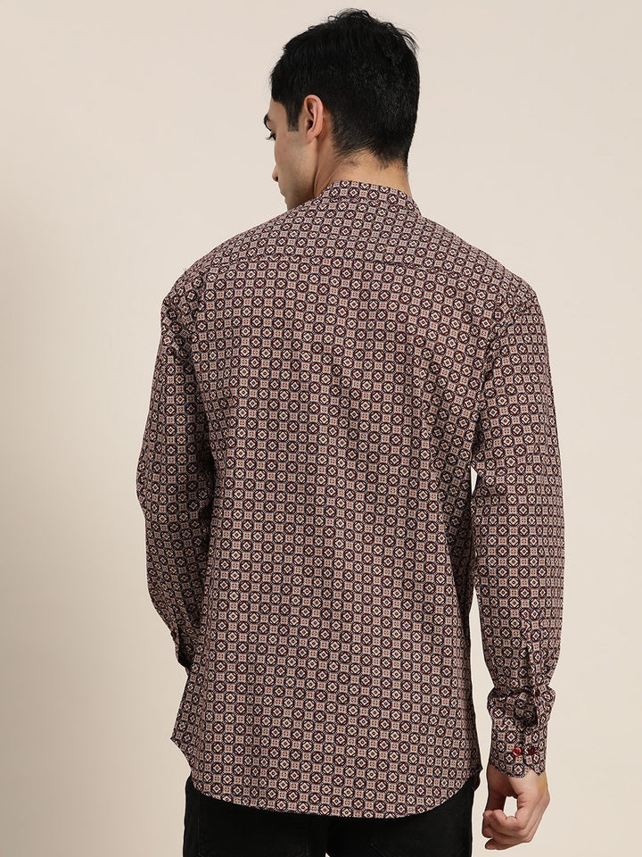 Men Burgundy Geometric Cotton Regular Fit Casual Kurta