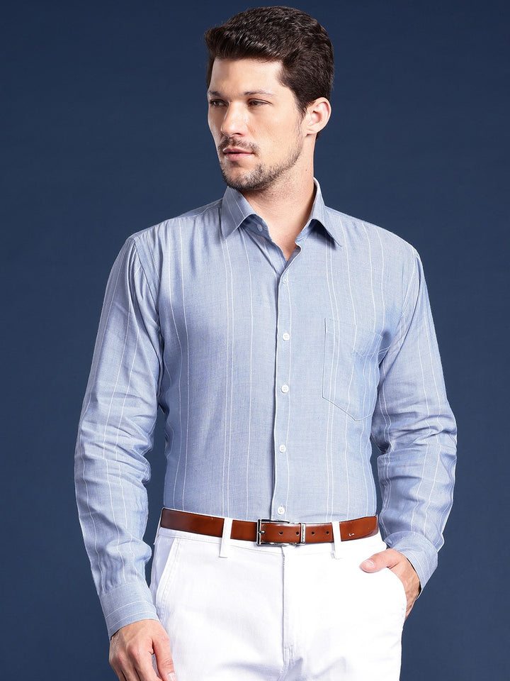 Men Blue Striped Pure Linen Viscose Rayon Slim Fit Formal Shirt