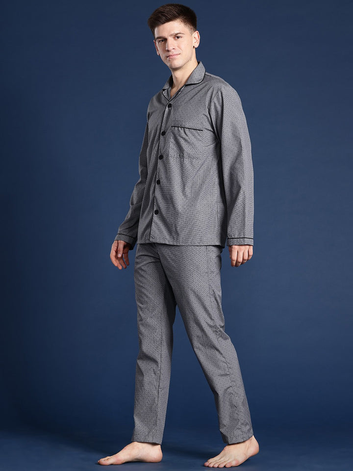 Men Grey Solid Pure Cotton Relaxed Fit Casual Night Suit