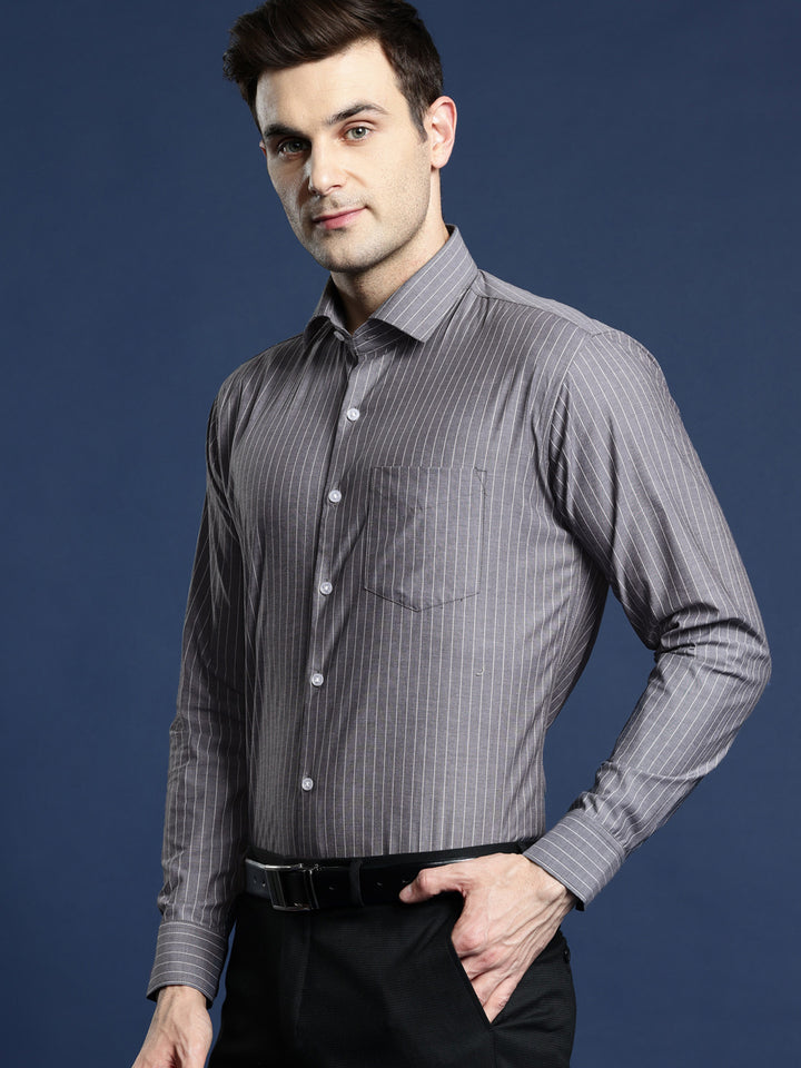 Men Grey Striped Pure Cotton Slim Fit Formal Shirt