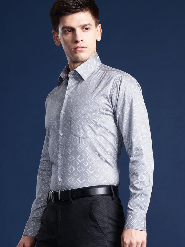 Men Grey Printed Cotton satin Slim Fit Formal Shirt