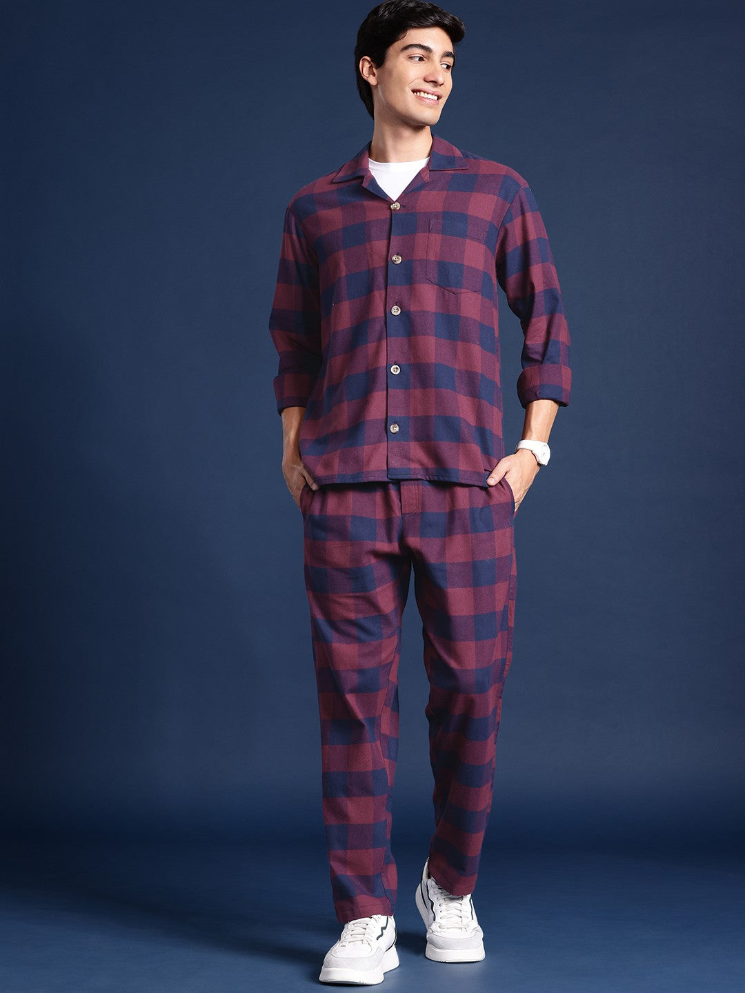 Men Maroon& Navy Blue Checked Pure Cotton Regular Fit Casual Co &Ord Sets