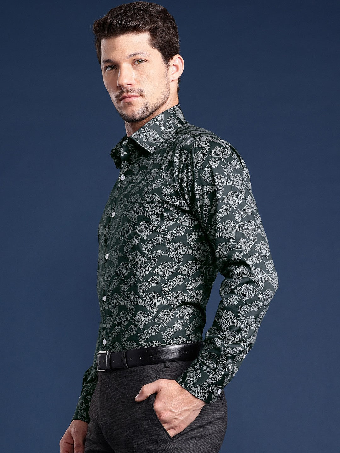 Men Bottle Green Printed Cotton Satin Slim Fit Formal Shirt