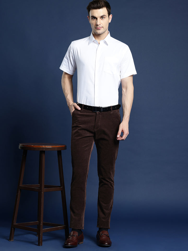 Men Coffee Solid Corduroy Cotton Elastane Stretchable Slim Fit Formal Trouser