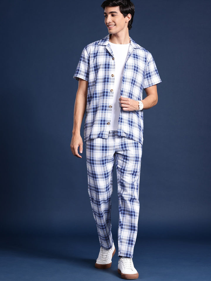 Men White & Blue Flannel Checked Pure Cotton Regular Fit Casual Co &Ord Sets