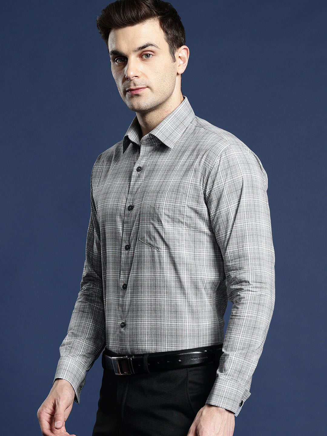 Men Grey Checked Pure Cotton Slim Fit Formal Shirt