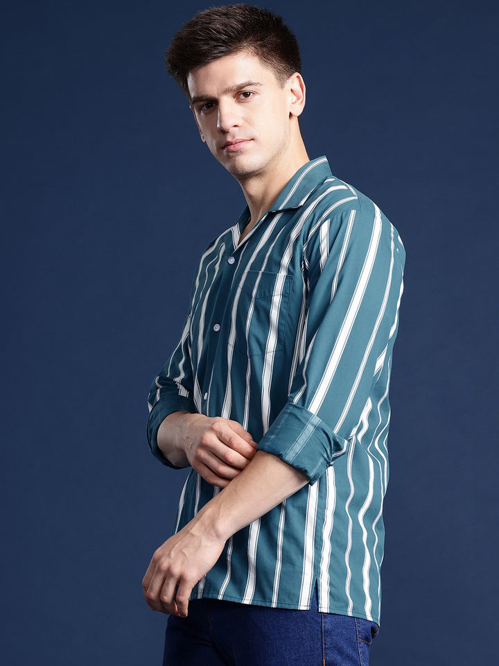 Men Teal blue Striped Pure Cotton Relaxed Fit Casual Shirt