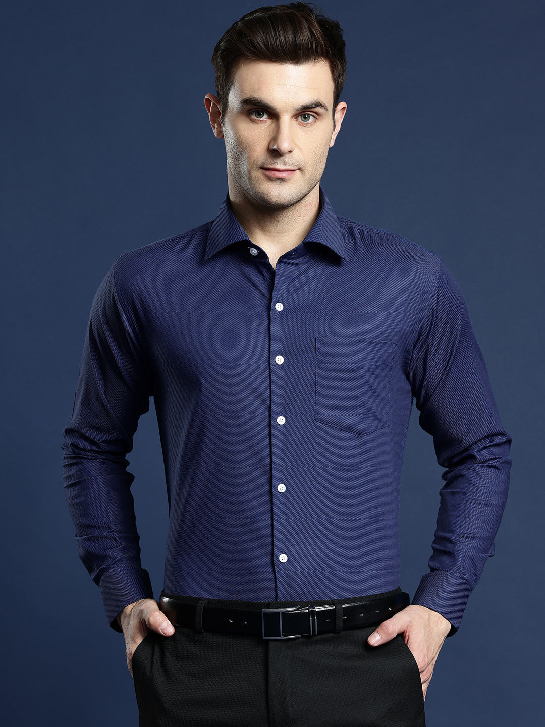 Men Navy Blue Textured Self Design Pure Cotton Slim Fit Formal Shirt