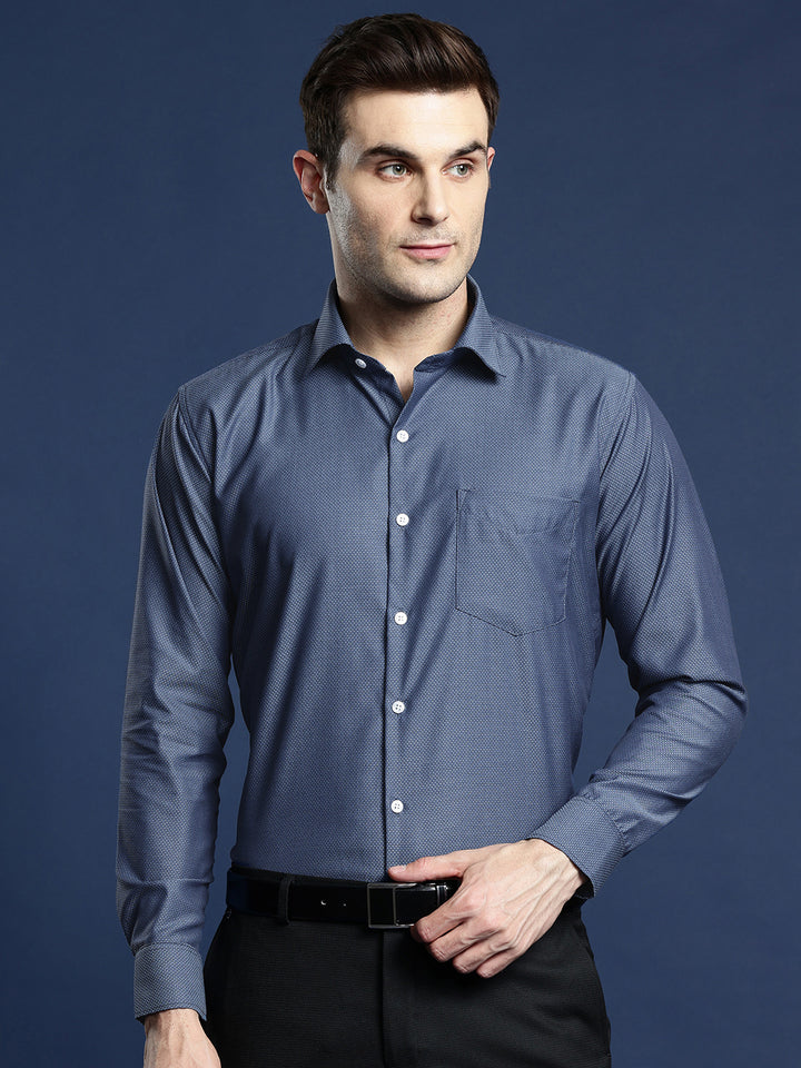 Men Navy Blue Textured Self Design Pure Cotton Slim Fit Formal Shirt