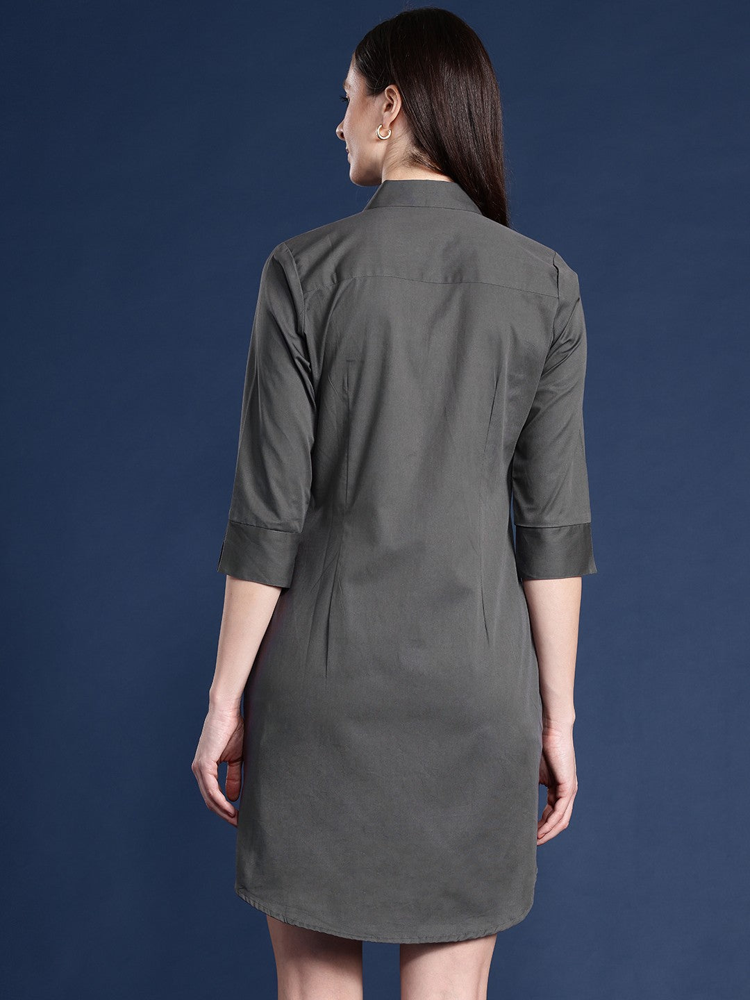 Women Grey Solid Pure Cotton Regular Fit Formal Shirt Dress