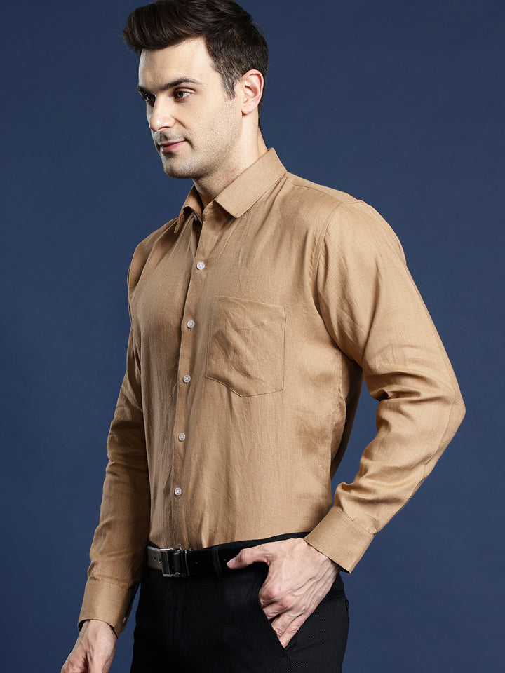 Men Khaki Solid Pure Linen Slim Fit Formal Shirt