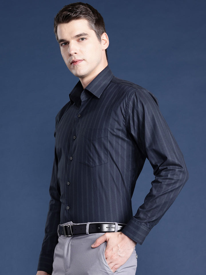 Men Navy Blue Striped Pure Cotton Slim Fit Formal Shirt