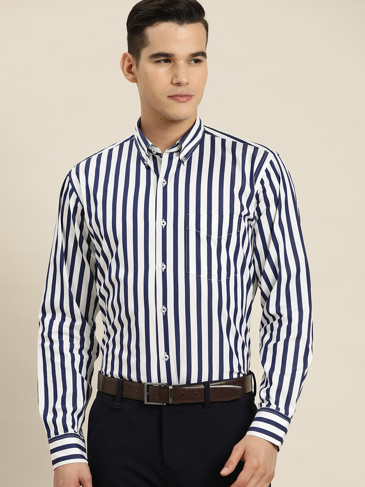 Men Navy & White Stripes Pure Cotton Slim fit Formal Shirt