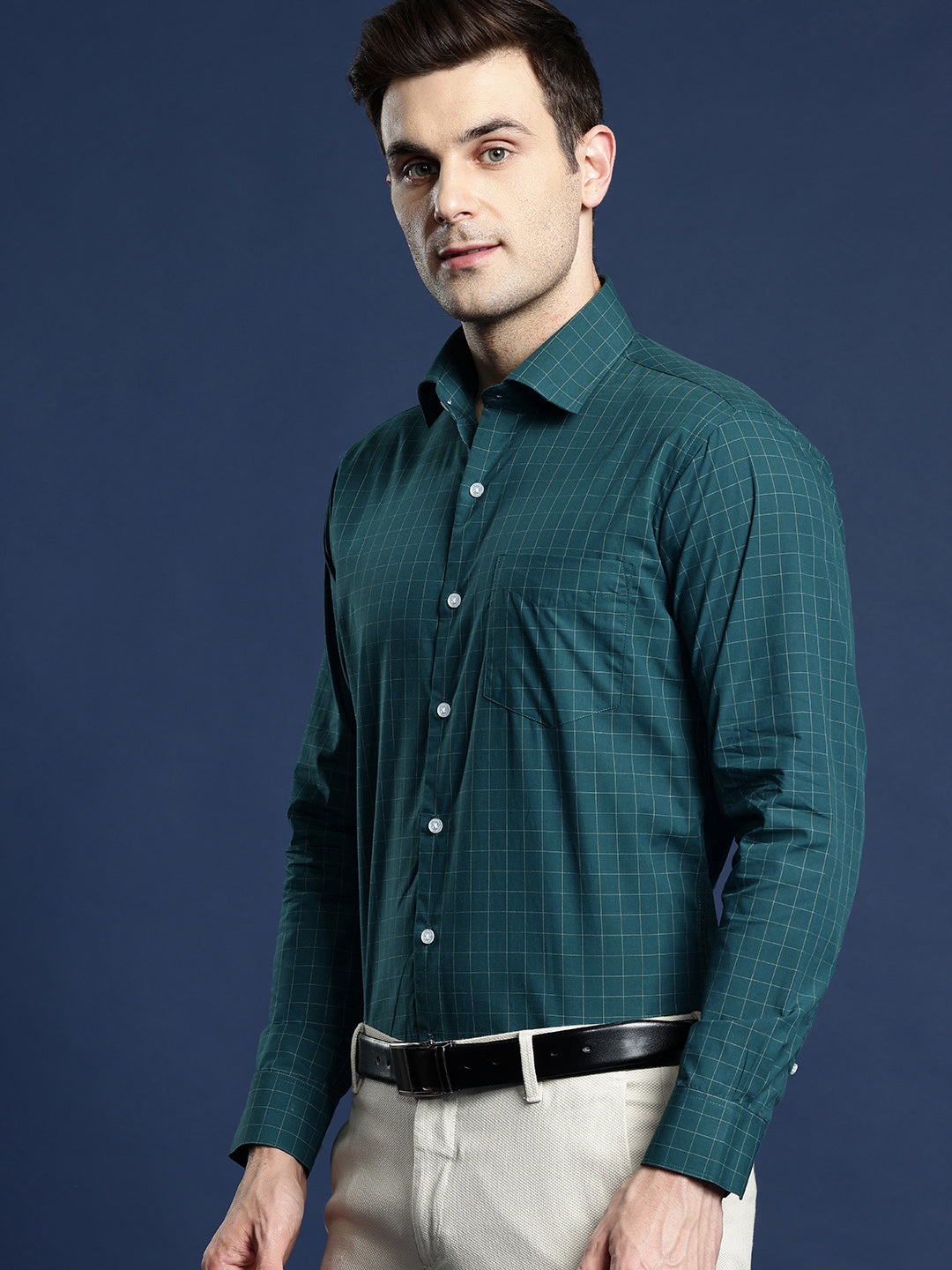 Men Bottle Green Grid Tattersal Checked Pure Cotton Slim Fit Formal Shirt