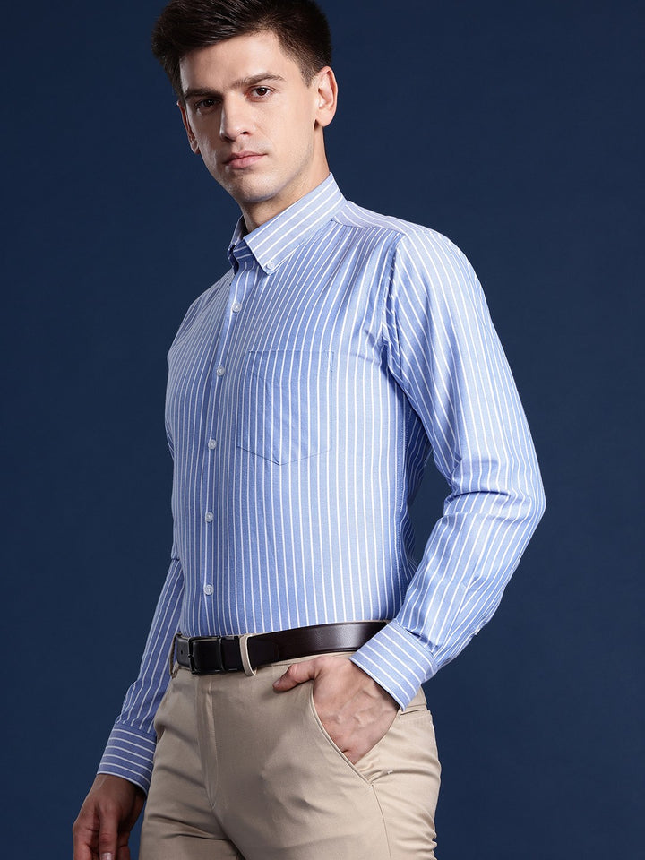 Men Blue Striped Cotton polyster Slim Fit Formal Shirt