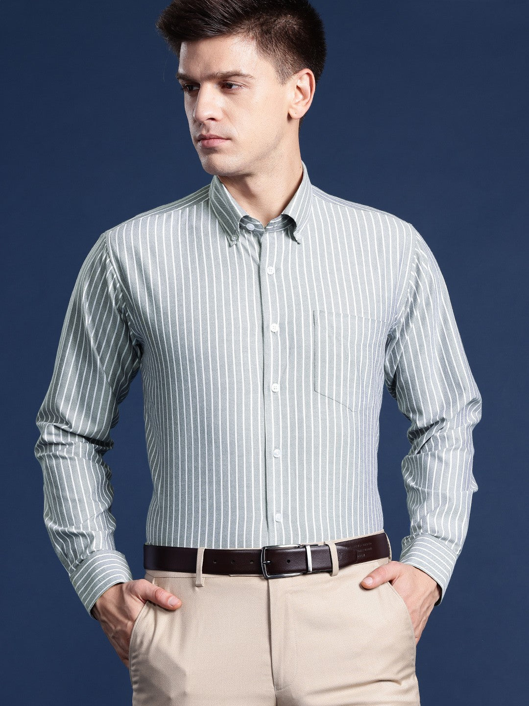 Men Grey Striped Cotton polyster Slim Fit Formal Shirt