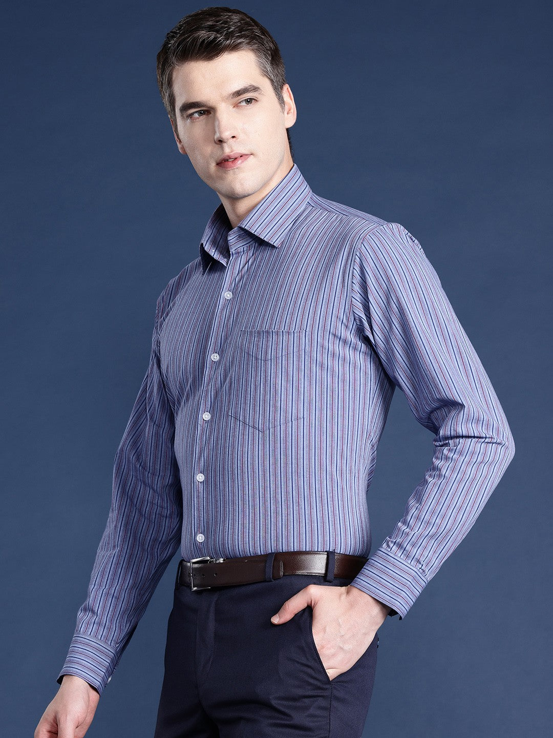 Men Grey Striped Cotton Elastane Slim Fit Formal Shirt