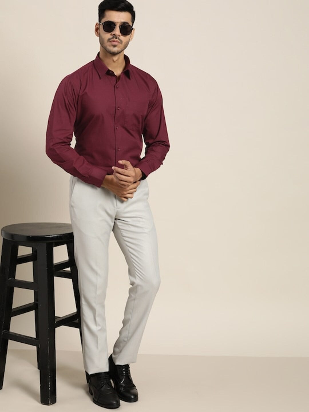 Men Burgundy Solid Pure Cotton Slim fit Formal Shirt