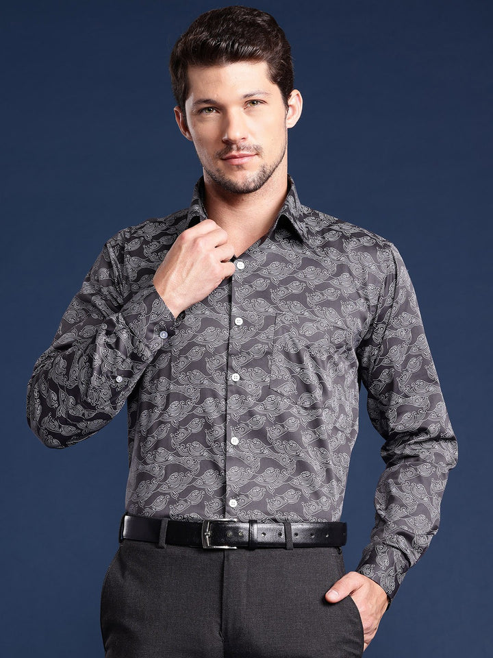 Men Dark Grey Printed Cotton Satin Slim Fit Formal Shirt