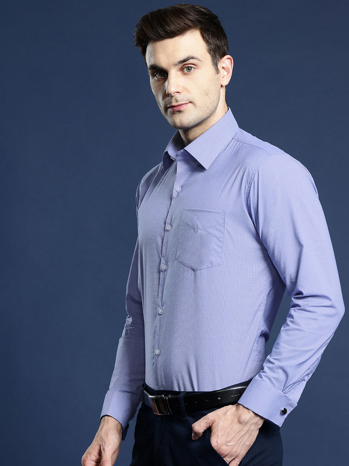 Men Blue Textured Self Design Pure Cotton Slim Fit Formal Shirt