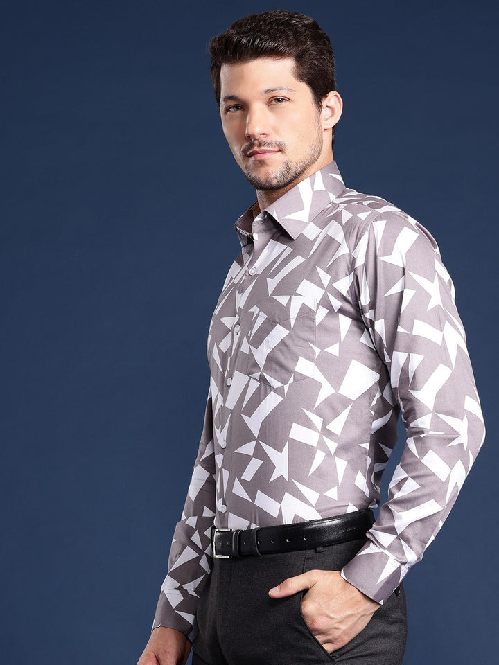 Men White & Mauve Printed Cotton Satin Slim Fit Formal Shirt