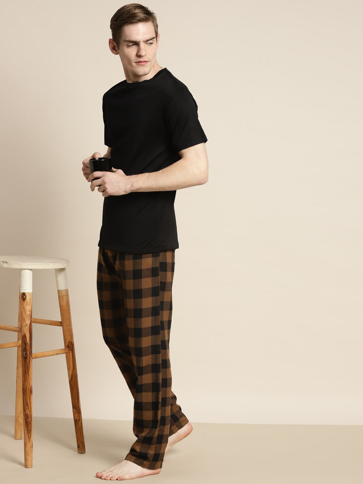 Men Black &Mustard Checked Cotton Regular Fit Lounge Pant