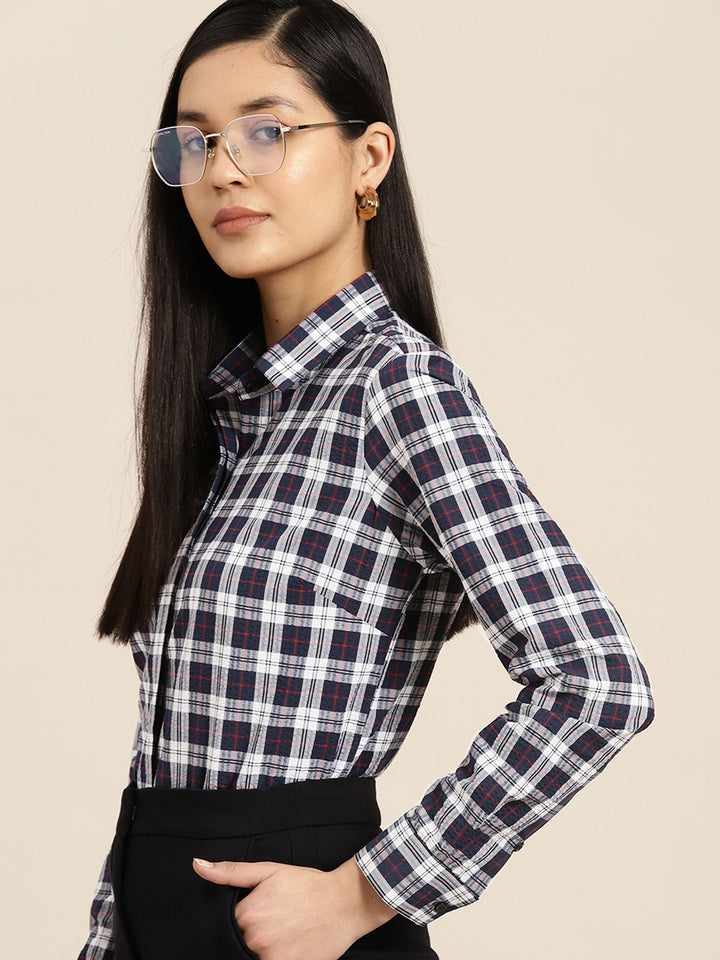 Women Navy Blue Checks Pure Cotton Formal Shirt