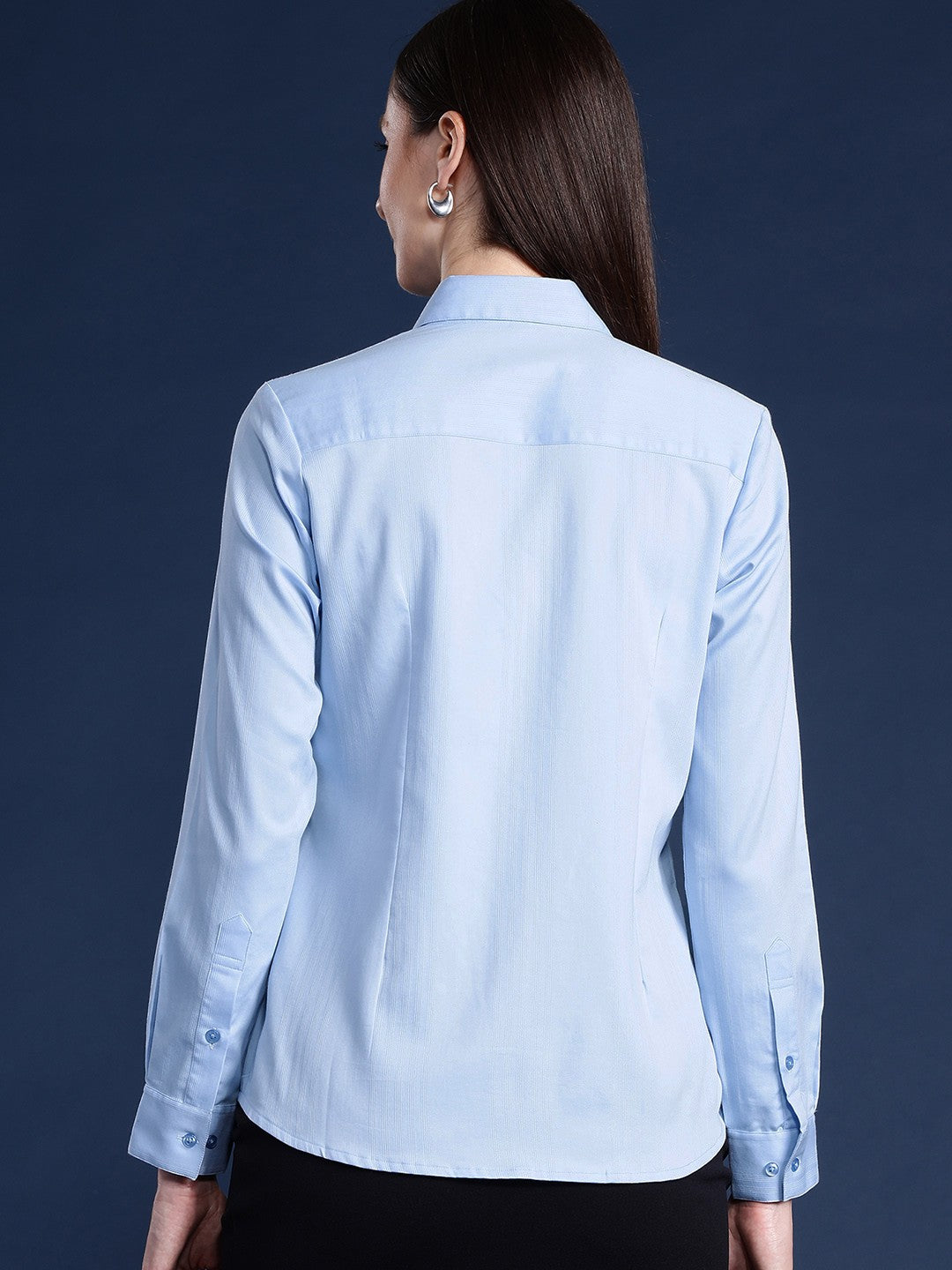 Women Blue Solid Self Design, Pure Cotton Stretchable Wrinkle Free Formal Shirt