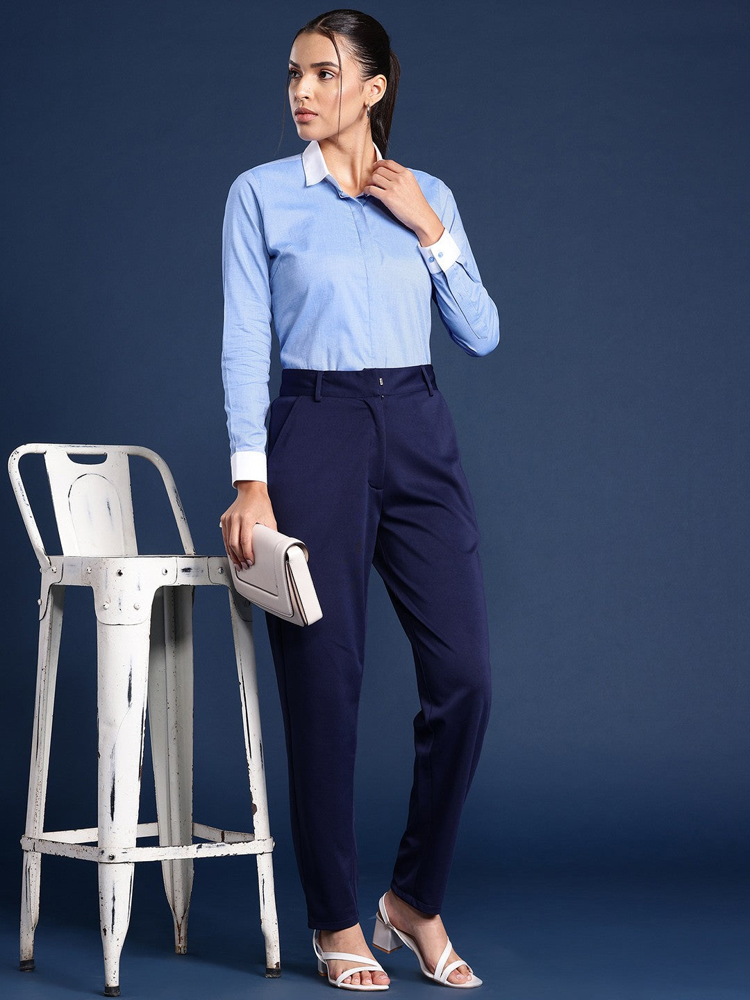 Women Blue Solid Chambray Pure Cotton Formal Shirt