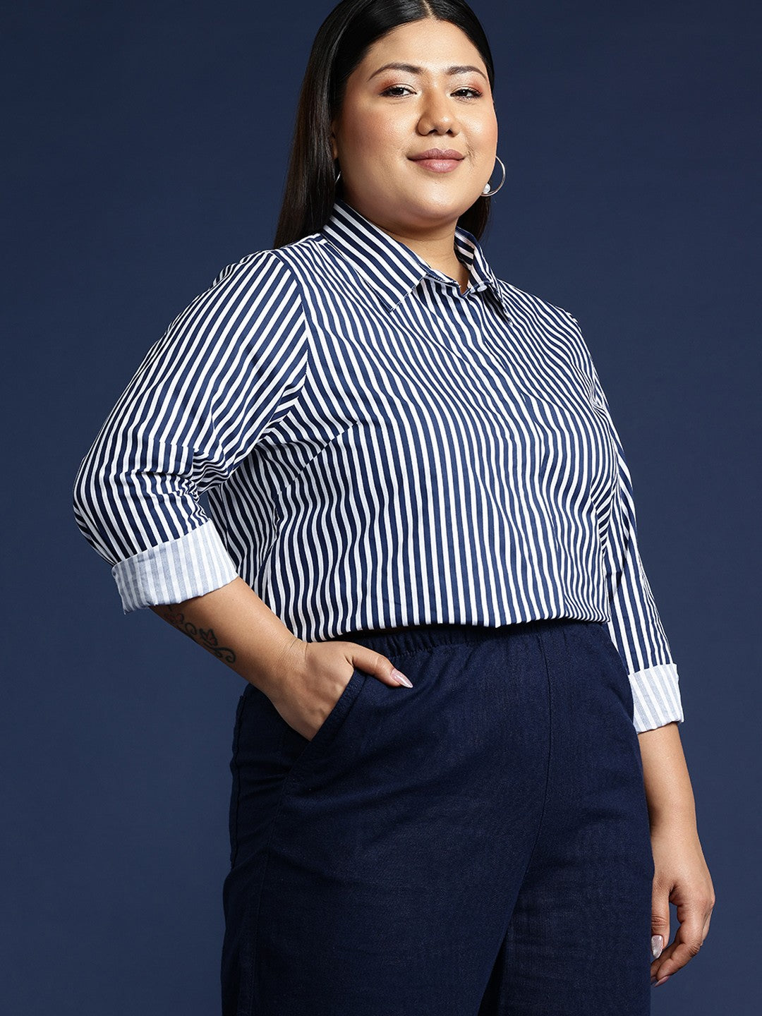 Women White & Navy Blue Nautical Stripes Pure Cotton Plus Size Formal Shirt